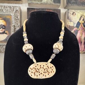 Vintage Hand-Carved Bovine Bone‎ & Pewter Beaded Necklace